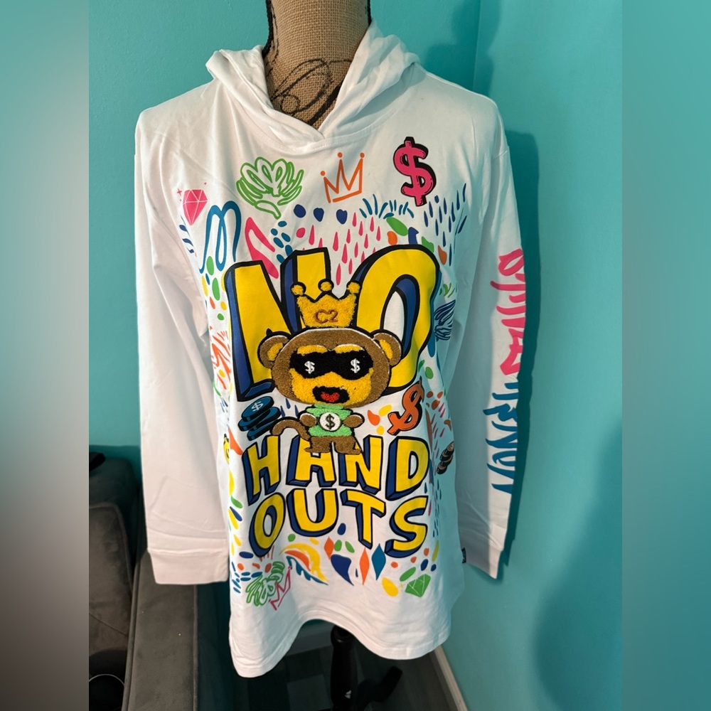 NWT Create 2mrw No Hand Outs White Long Sleeve Hoodie w/Neon Graphics Size L